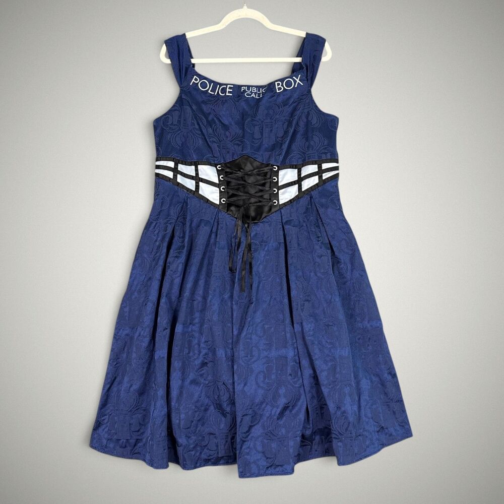 Doctor Who TARDIS Dress Blue Jacquard Cosplay Corset Fit Flare BBC Size 16